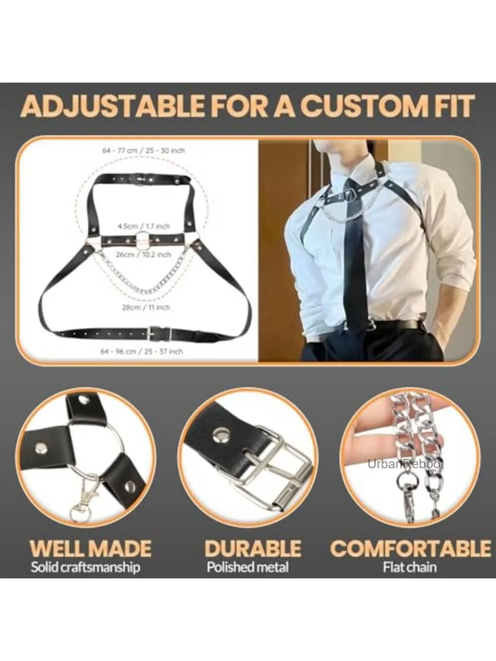 Punk Chest Harness Belt with Chain - Adjustable Shoulder & Side Straps for